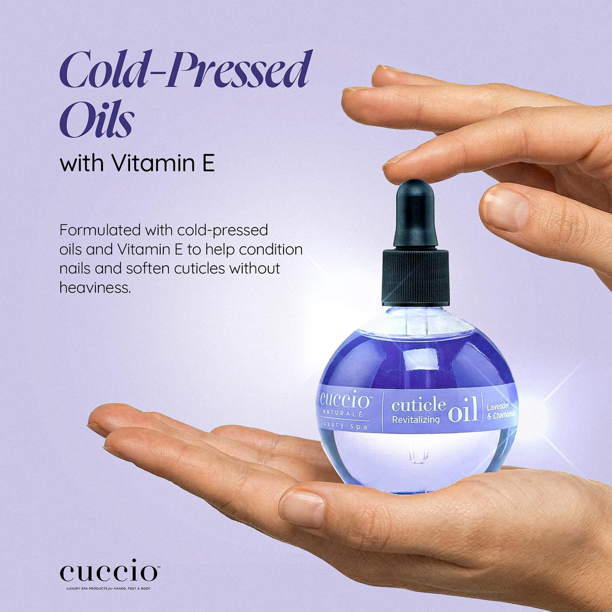 Cuccio side label with ingredients list visible, highlights paraben-free formulation