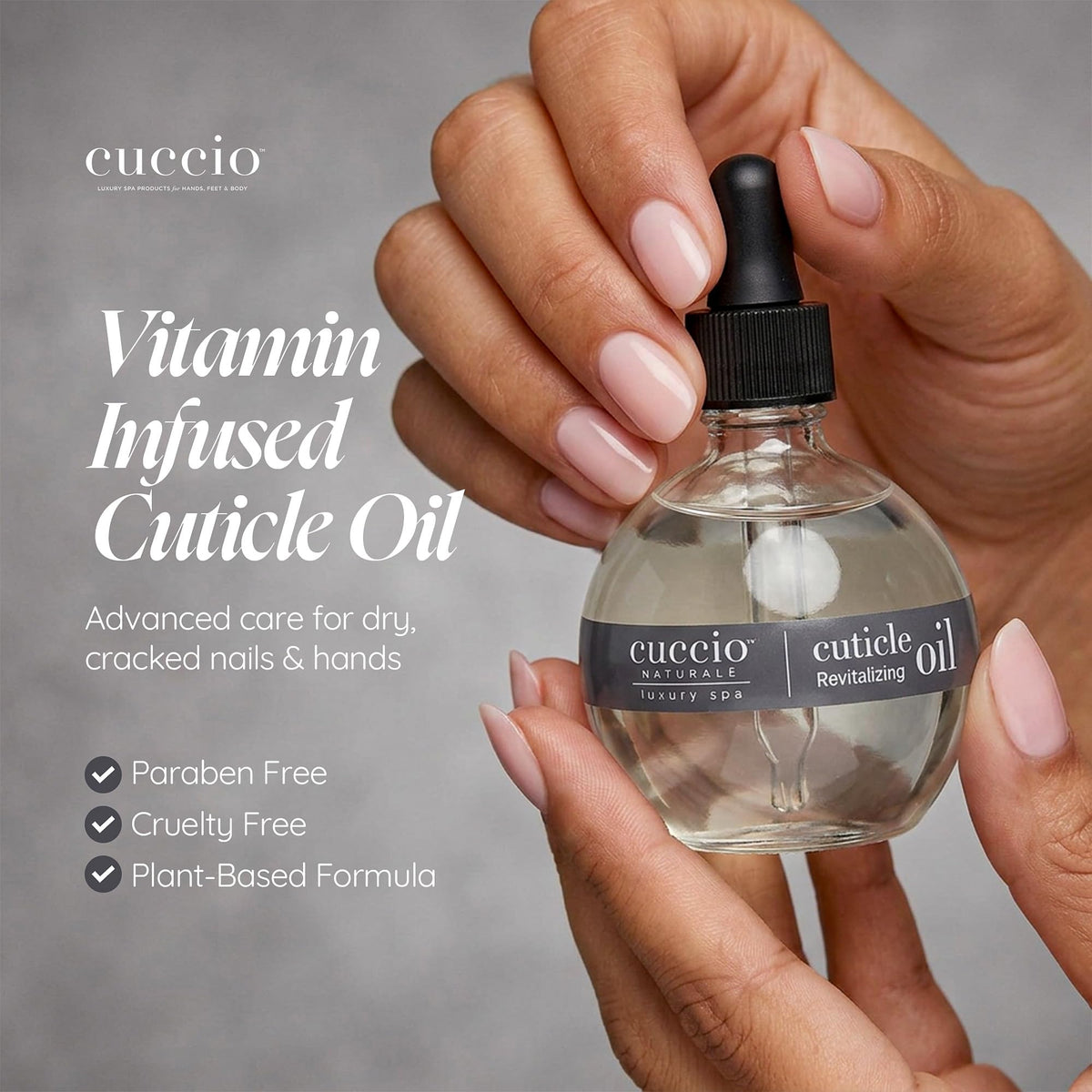 Cuccio size comparison with common items showing 2.3 fl oz portability