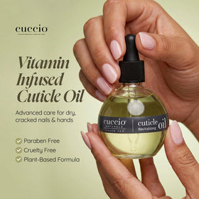 Cuccio bottle shown next to a hand for scale, emphasizing generous 2.3 fl oz supply