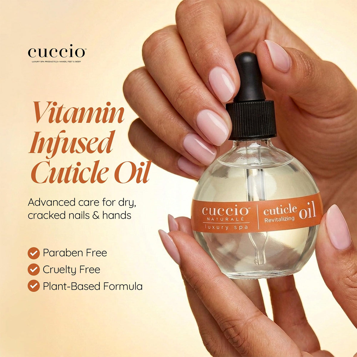 Cuccio bottle on vanity with vanilla bean and sugar props suggesting soothing scent