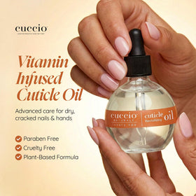 Cuccio bottle on vanity with vanilla bean and sugar props suggesting soothing scent