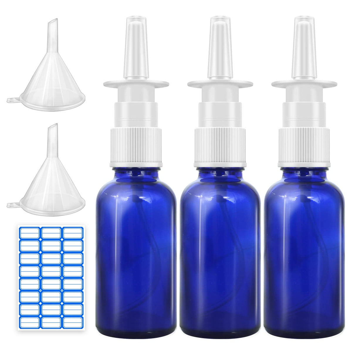 Cupohus front view of three cobalt blue glass spray bottles showing leak-proof design