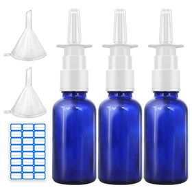 Cupohus front view of three cobalt blue glass spray bottles showing leak-proof design