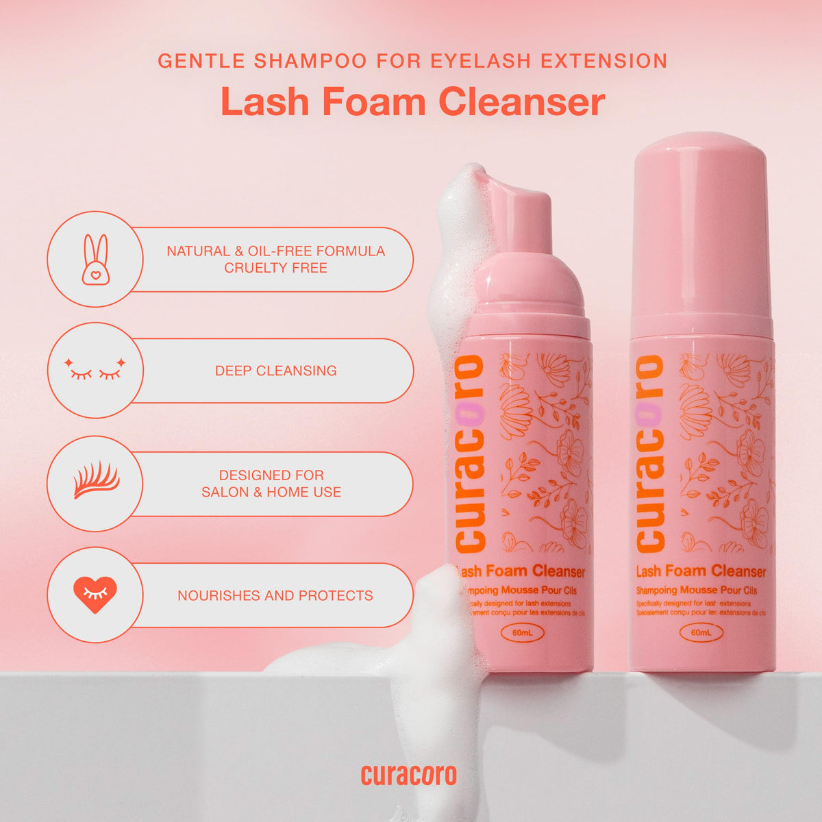 CURACORO lash cleanser applied to extensions with soft brush promoting safe removal