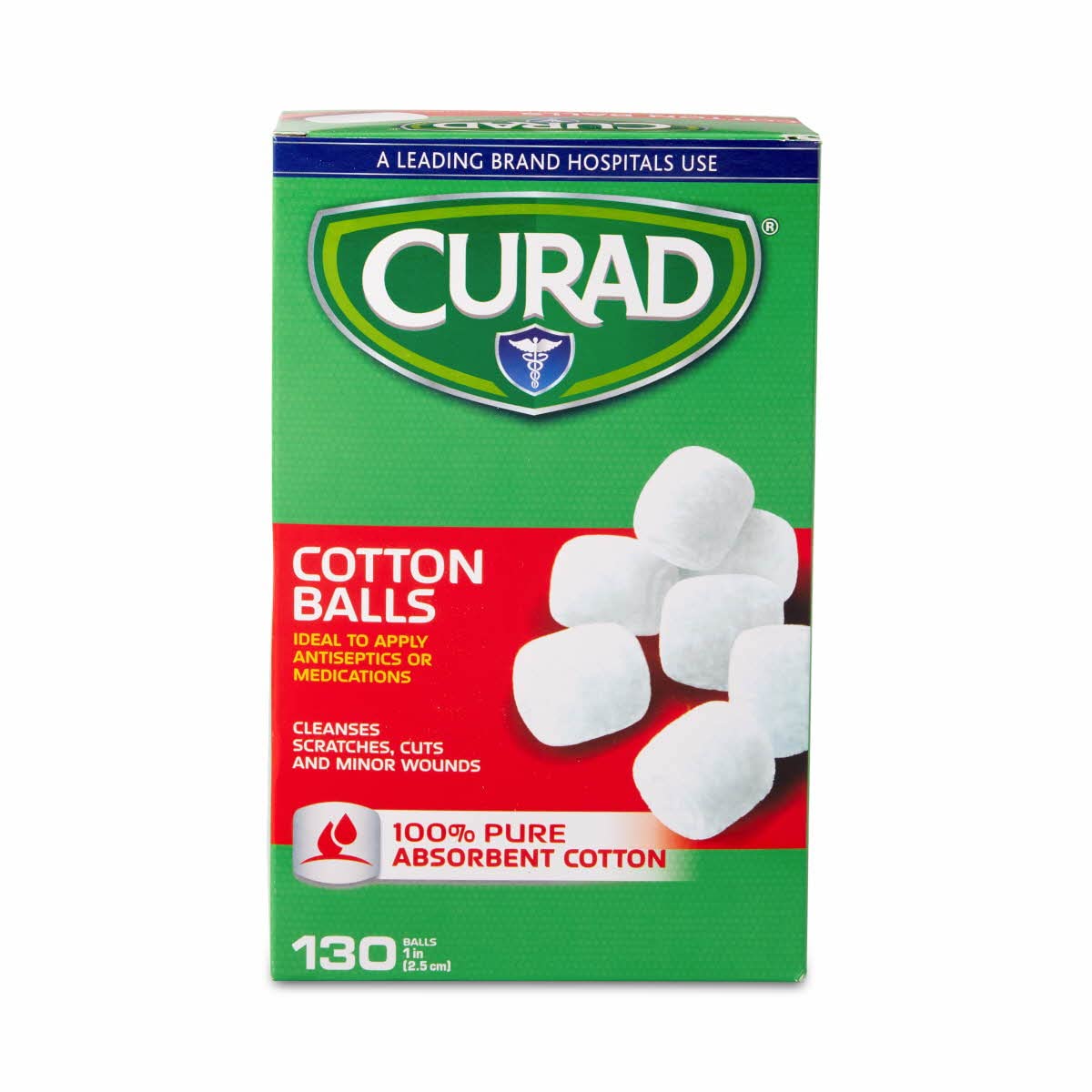 Curad sterile cotton balls front box showing brand and count benefit hygiene