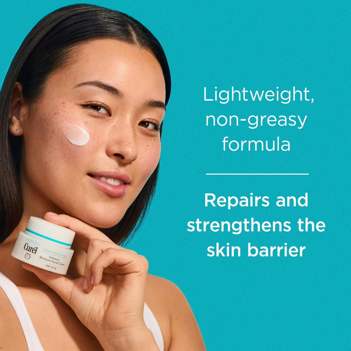 Curel cream being applied to hand demonstrating soothing, barrier support