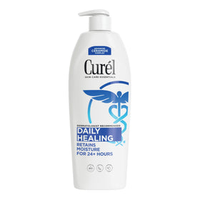 Curel front bottle showing brand and daily healing benefits for long-lasting hydration