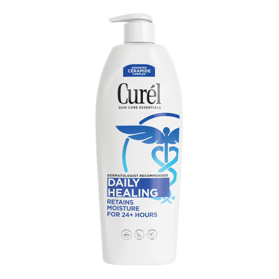 Curel front bottle showing brand and daily healing benefits for long-lasting hydration