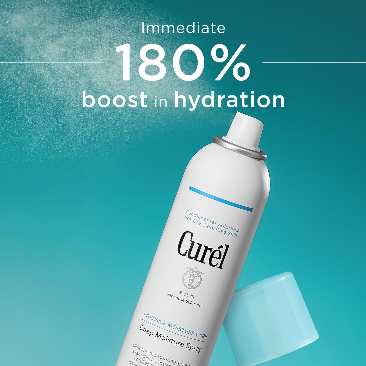 Curel being sprayed on face to refresh makeup and add instant hydration