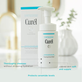 Curel lather on face during cleansing demonstrating effective residue removal benefit