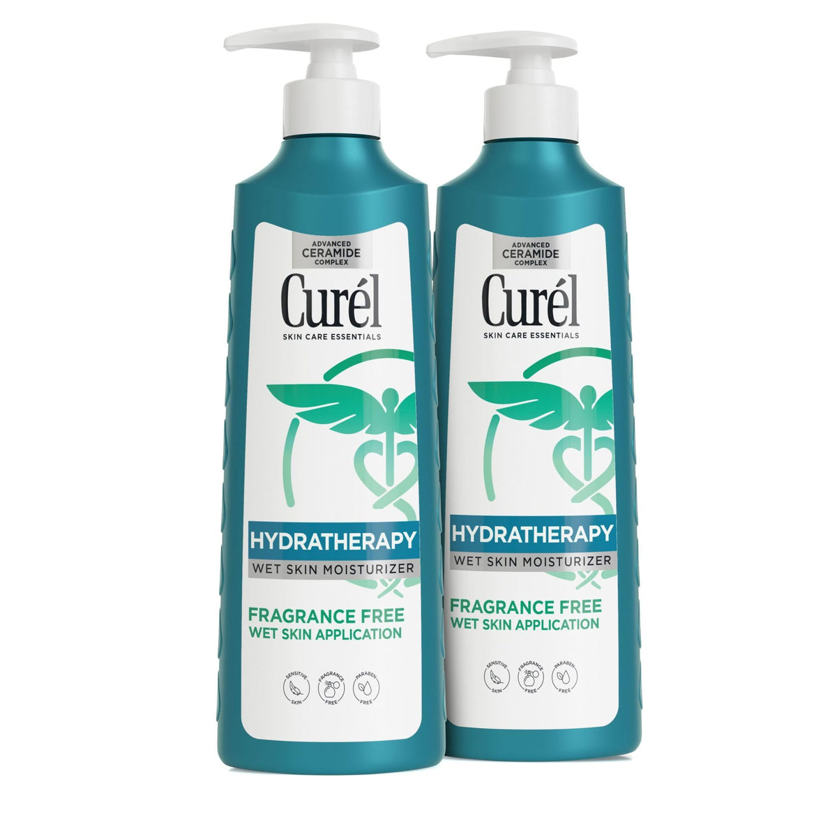 Curel front packaging twin 12 oz bottles showing product and benefit of daily hydration