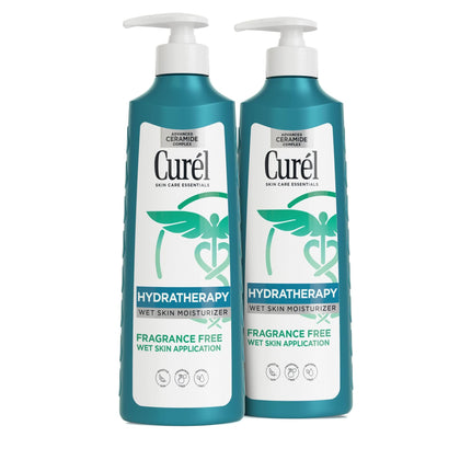 Curel front packaging twin 12 oz bottles showing product and benefit of daily hydration