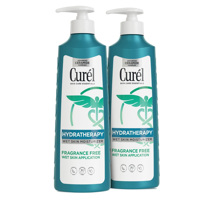 Curel front packaging twin 12 oz bottles showing product and benefit of daily hydration