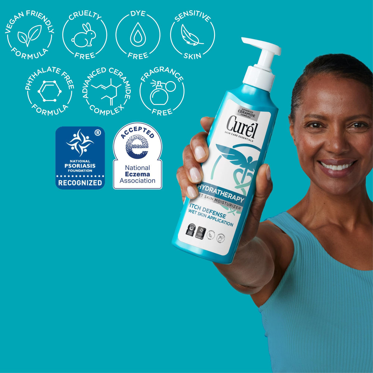 Curel applied in shower to leg demonstrating quick wet-skin hydration benefit