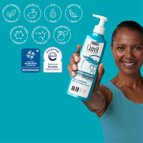 Curel applied in shower to leg demonstrating quick wet-skin hydration benefit