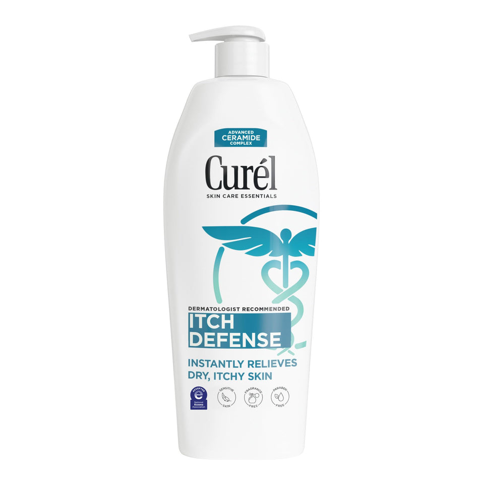 Curel front packaging shows bottle and product name for quick identification and benefit