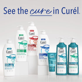 Curel 13 oz bottle next to common items to show size and travel practicality benefit