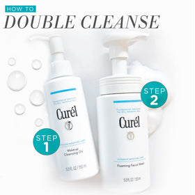 Curel size scale next to hand showing 5 oz travel-friendly volume