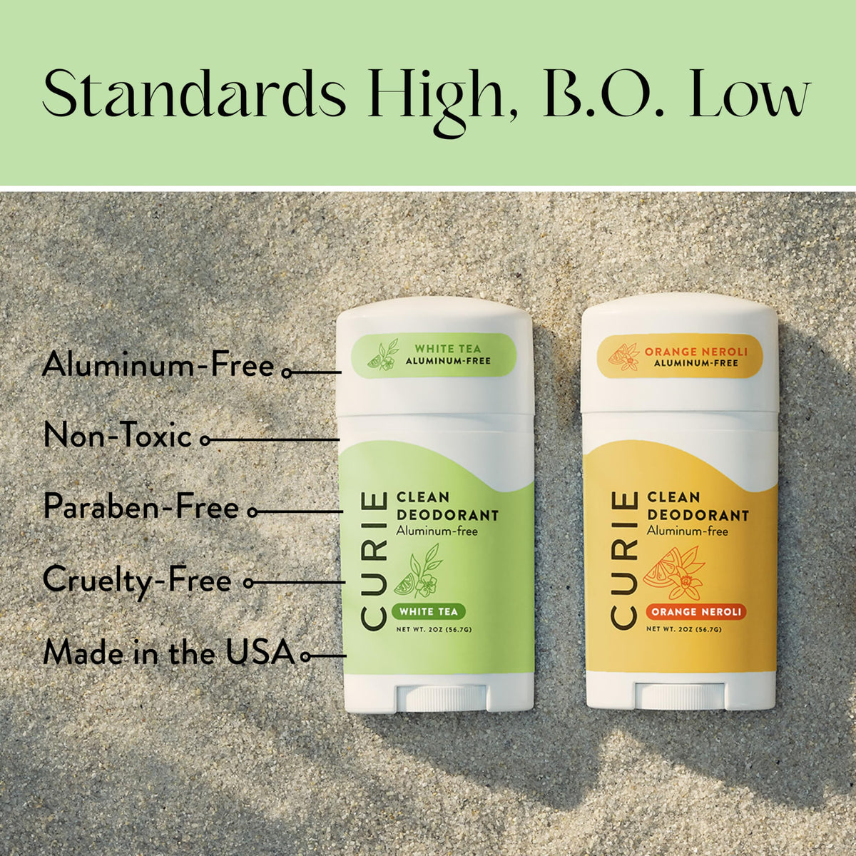 Curie label close-up highlighting clean ingredients and claims