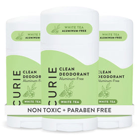 Curie front packaging of White Tea deodorant offering clean odor control