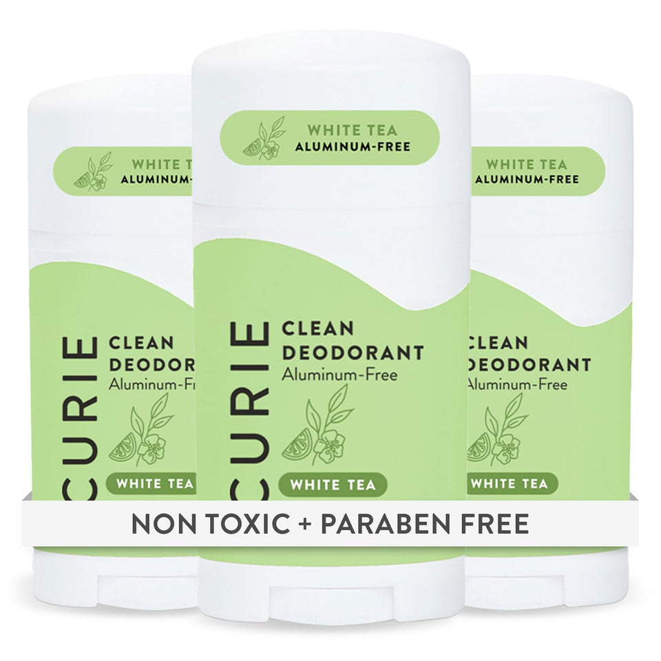 Curie front packaging of White Tea deodorant offering clean odor control