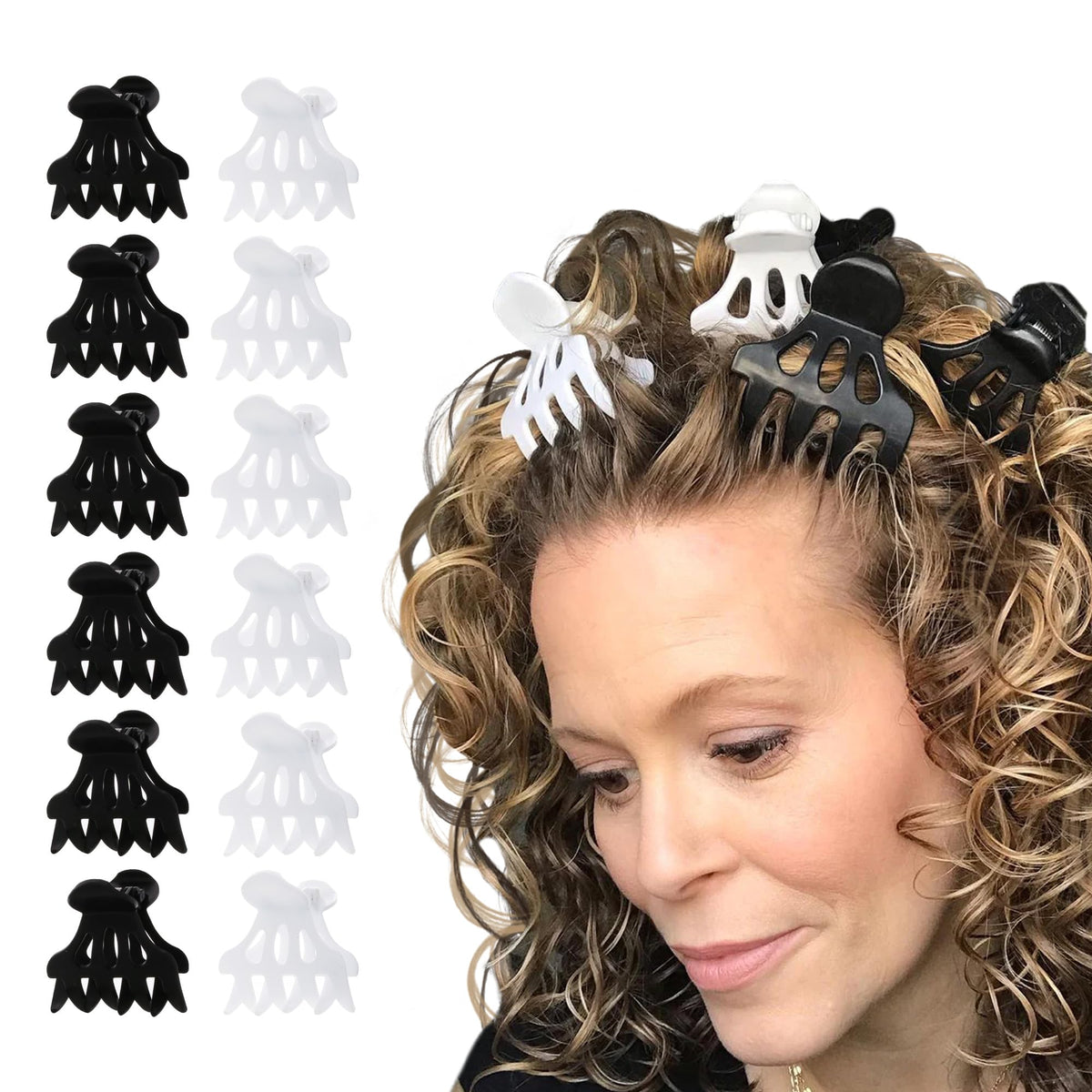 Curl Keeper front view of 12-pack clips showing organized assortment and benefit of volume