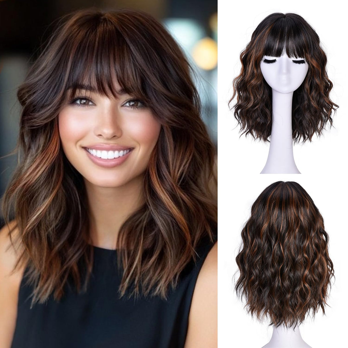 CURLCRAZY front view brown highlight wig shows natural bob benefits