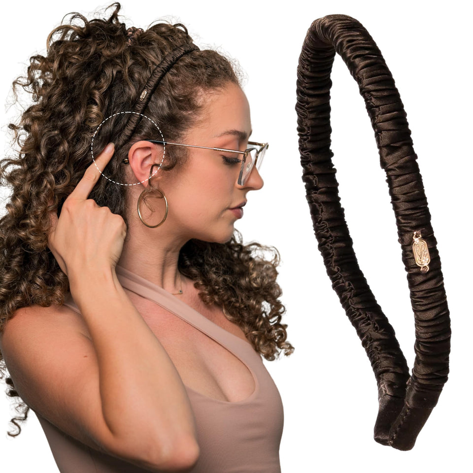 Curlfriend Collective espresso headband front view showing elegant finish and protective silk