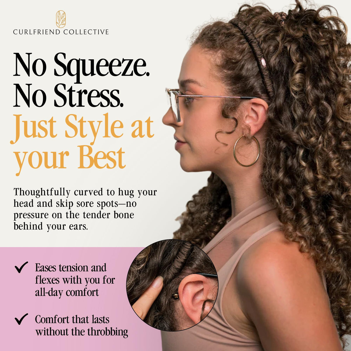 Curlfriend Collective worn on curly hair demonstrating reduced frizz and secure hold