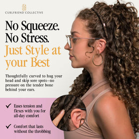 Curlfriend Collective worn on curly hair demonstrating reduced frizz and secure hold