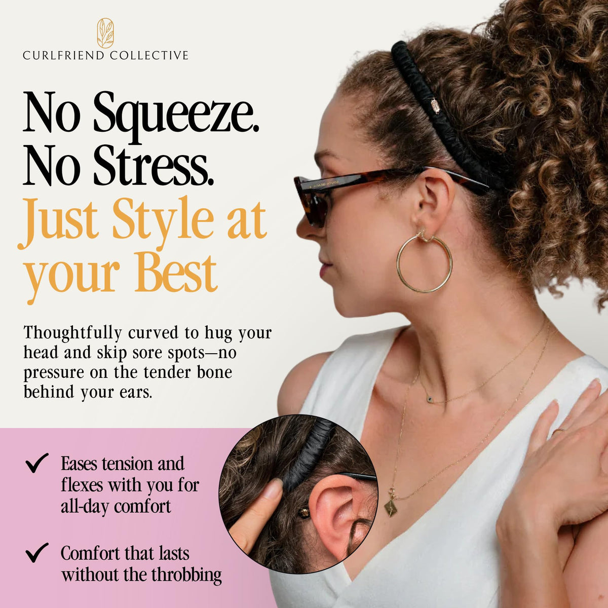 Curlfriend Collective side view with glasses proving glasses-friendly comfortable wear