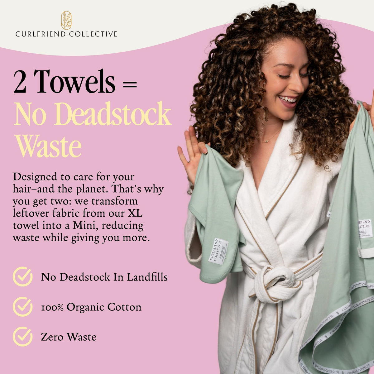 Curlfriend Collective wrap worn in bathroom while getting ready for hands-free convenience benefit
