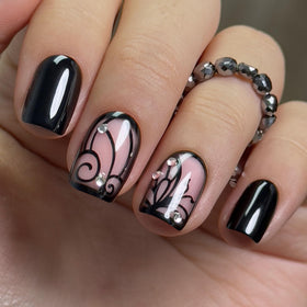 CurvLife front packaging showing black short square nails with rhinestone swirl, easy salon look