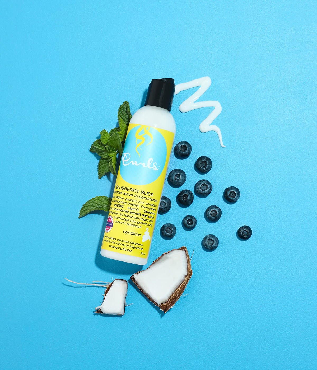 Curls Blueberry Bliss ingredients label highlighting natural extracts