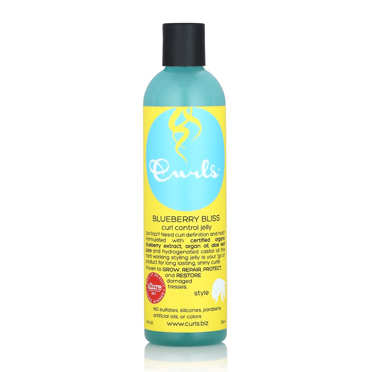 Curls blueberry bliss front packaging showing jar and label, clear product benefit