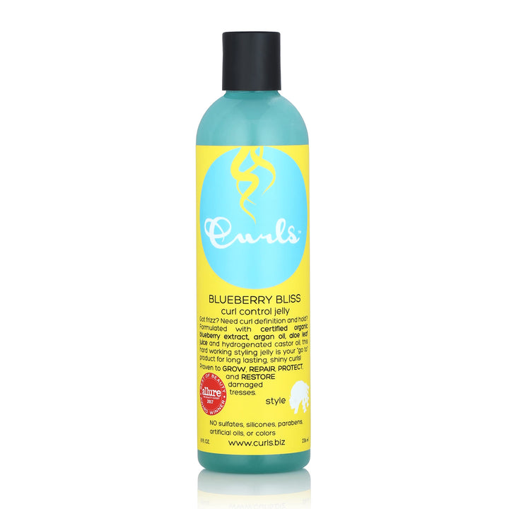 Curls blueberry bliss front packaging showing jar and label, clear product benefit