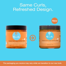 Curls Passion Fruit Control Paste texture close-up showing creamy paste consistency and nourishing butters for smooth application