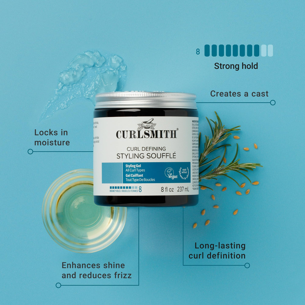 CURLSMITH jar in hand showing 16 oz size and travel-friendly benefit