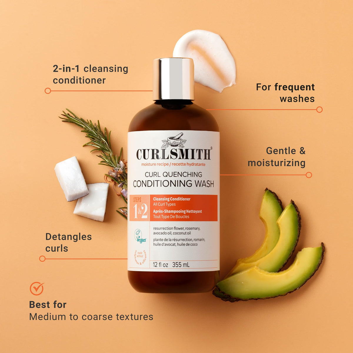 CURLSMITH creamy, non-foaming texture for gentle moisturized cleansing