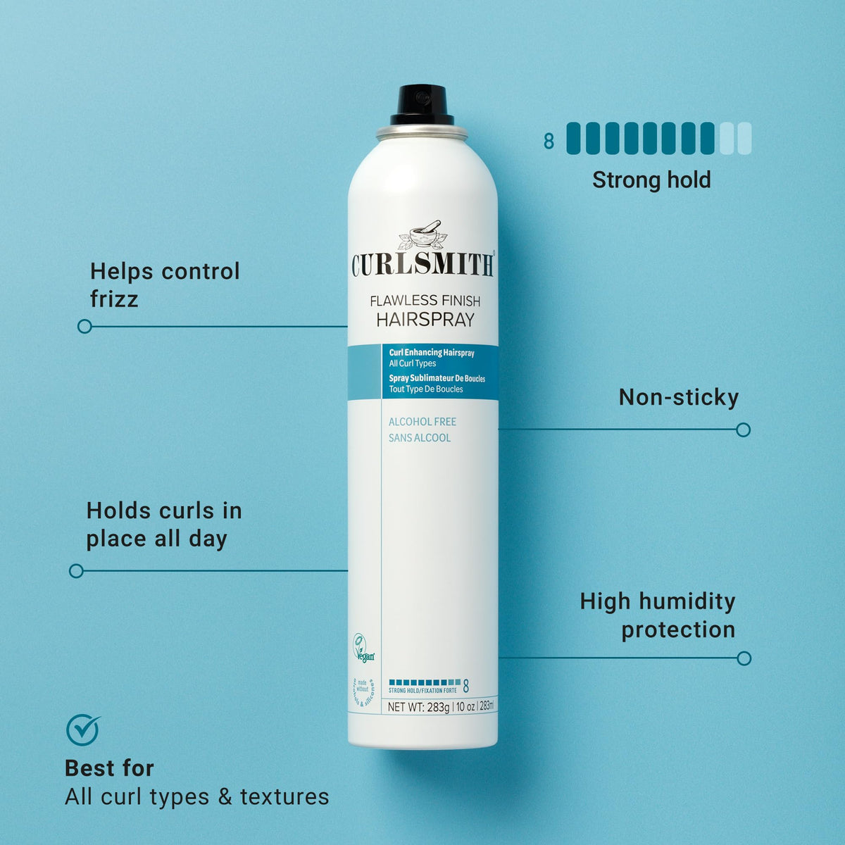 CURLSMITH fine mist close-up delivering even spray for consistent strong hold