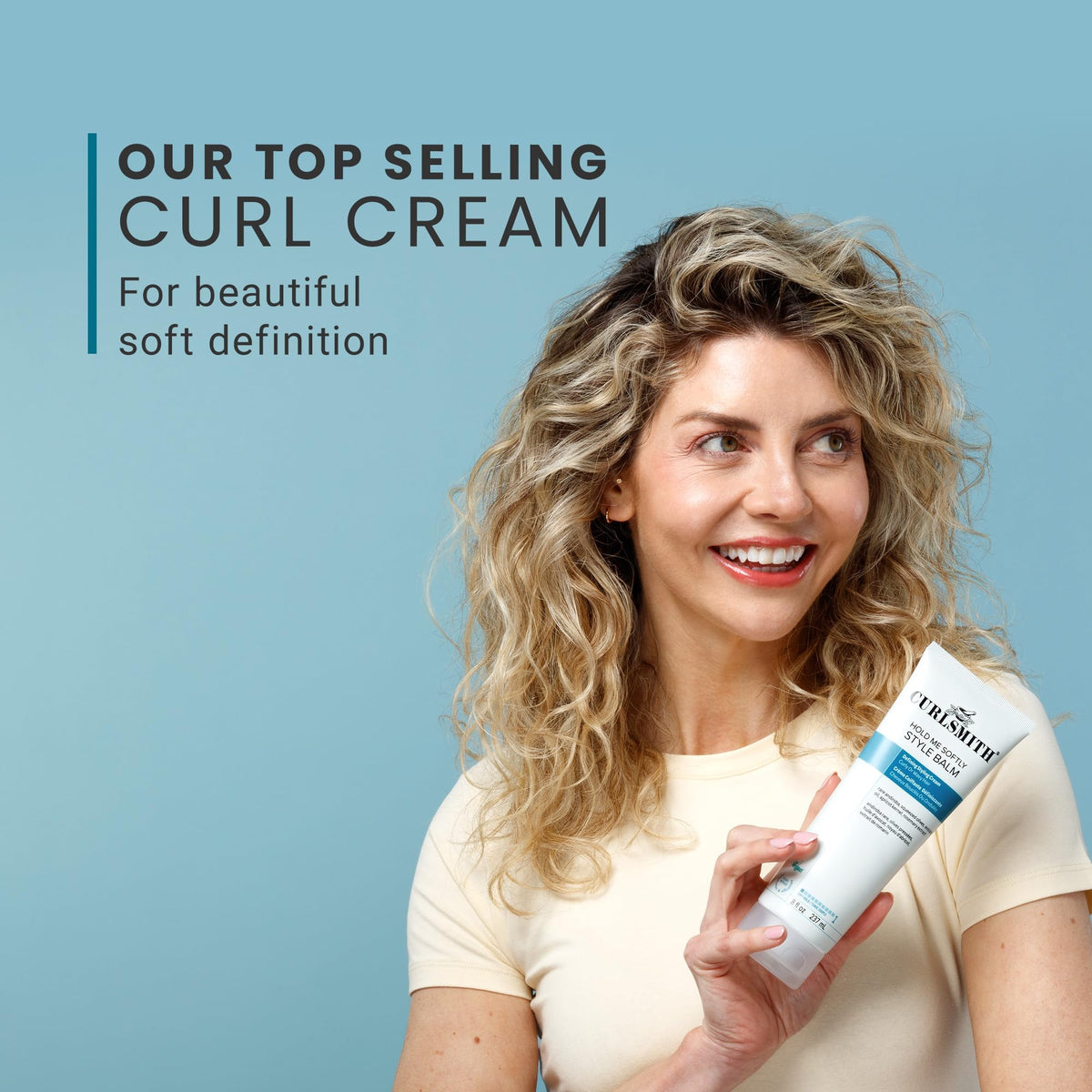 CURLSMITH before and after styled curls showing reduced frizz and definition