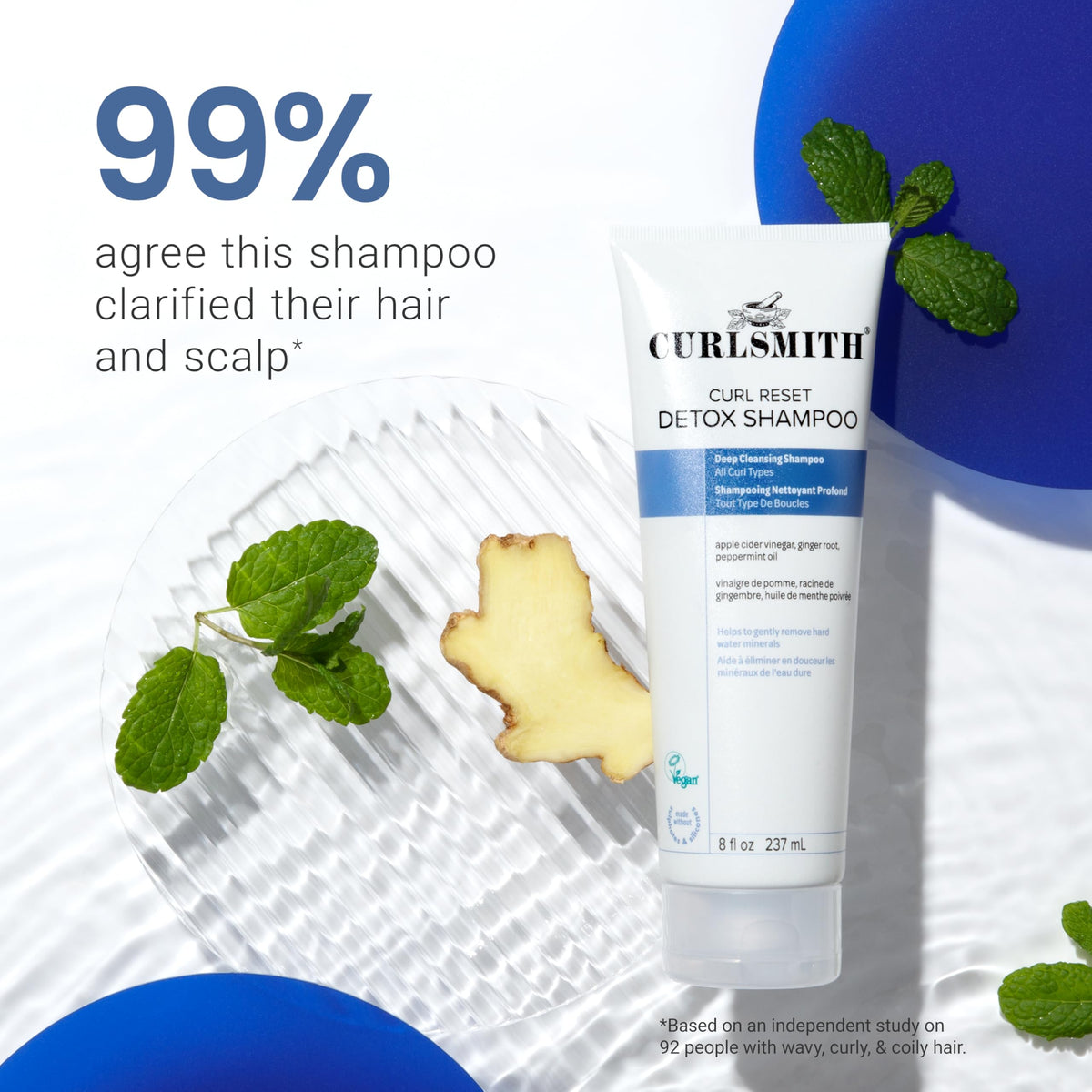 CURLSMITH shampoo in shower on curly hair delivering refreshed scalp