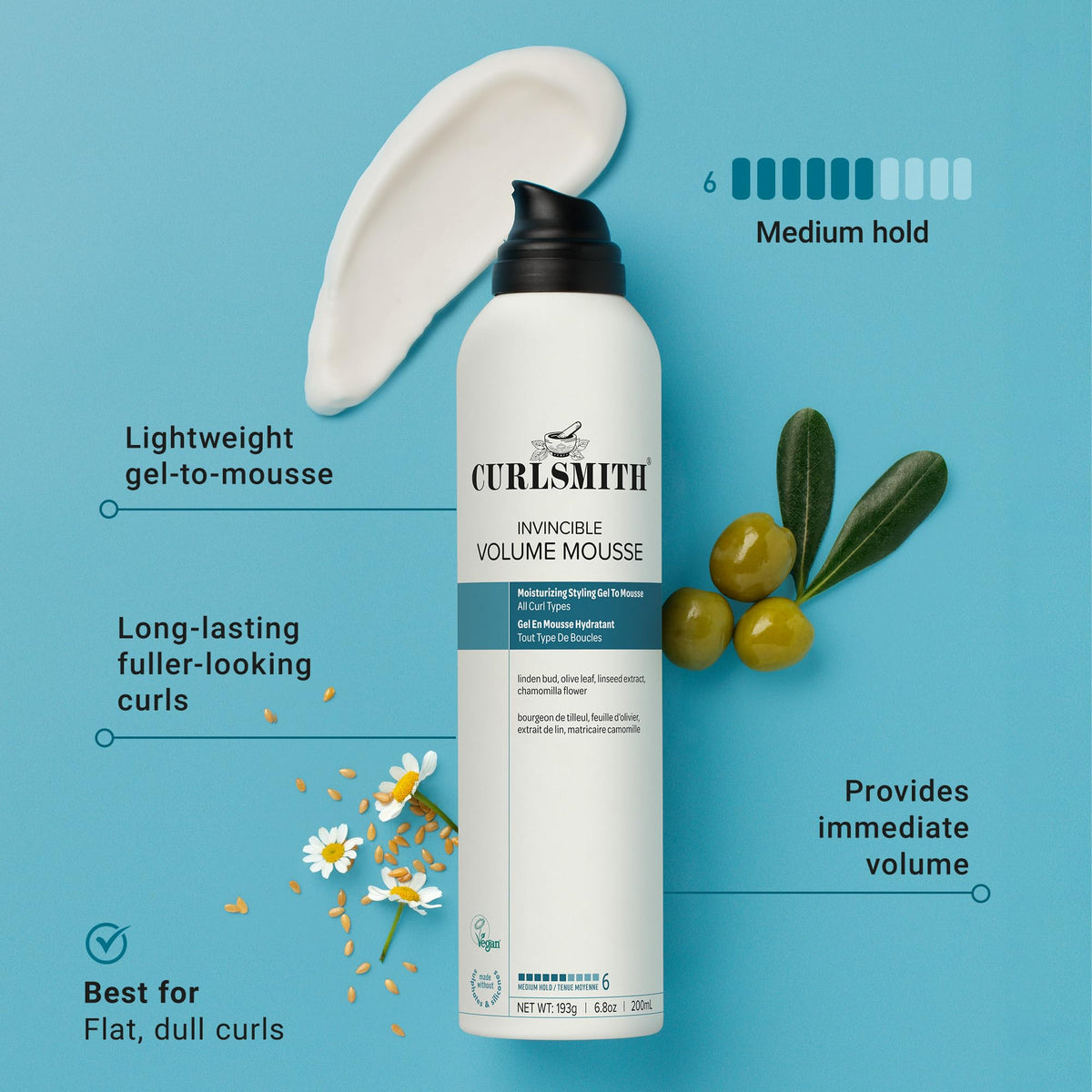 CURLSMITH mousse texture on hand, lightweight foam that boosts volume
