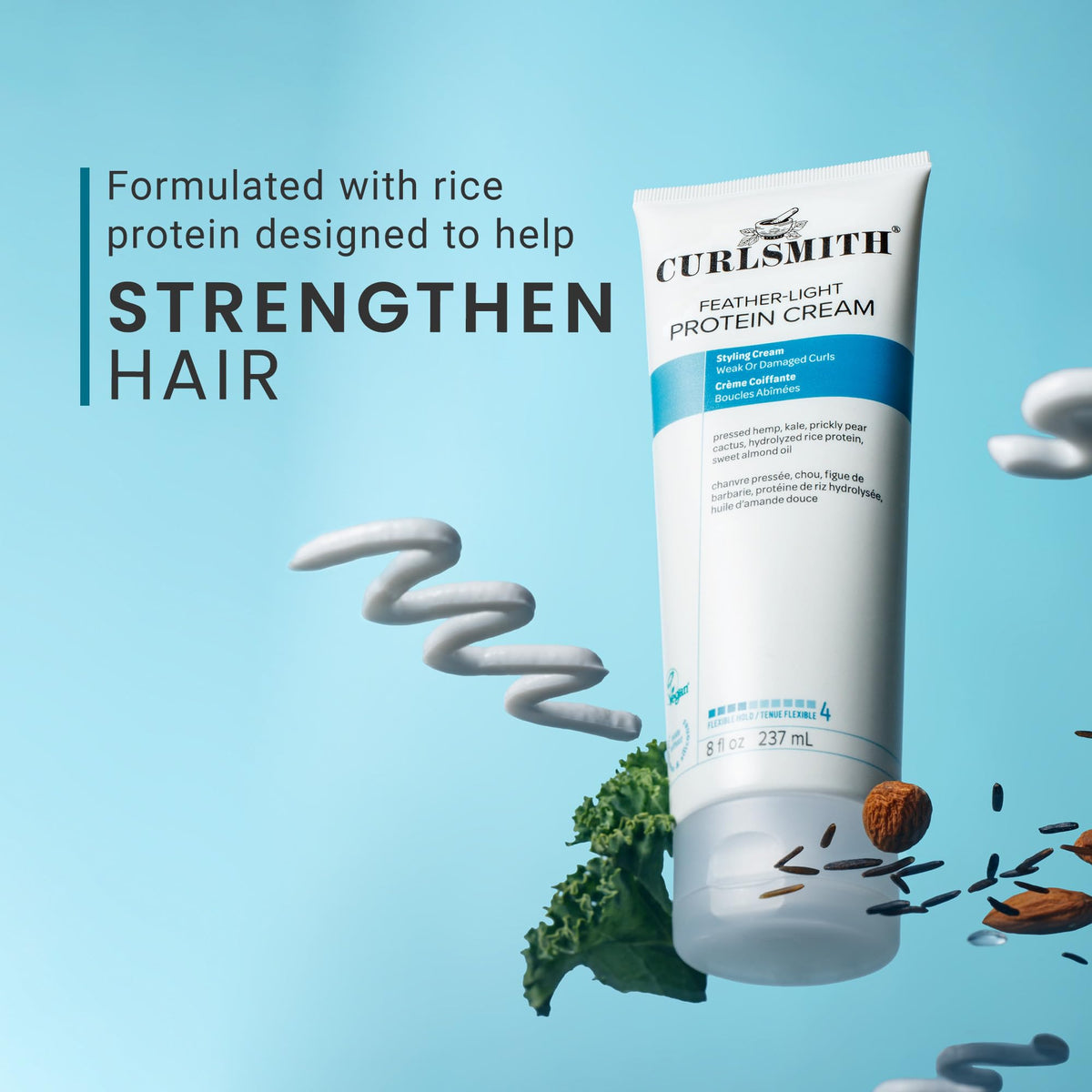 CURLSMITH label close-up showing rice protein, vegan and cruelty-free certifications