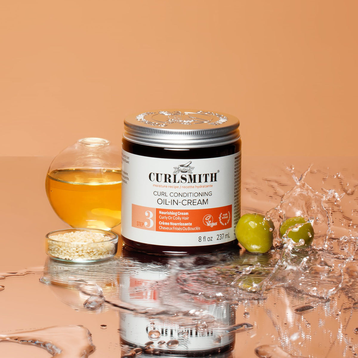 CURLSMITH label close-up shows ingredient and vegan cruelty-free claims