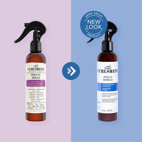 CURLSMITH 8 oz bottle next to a hand to show actual size benefit