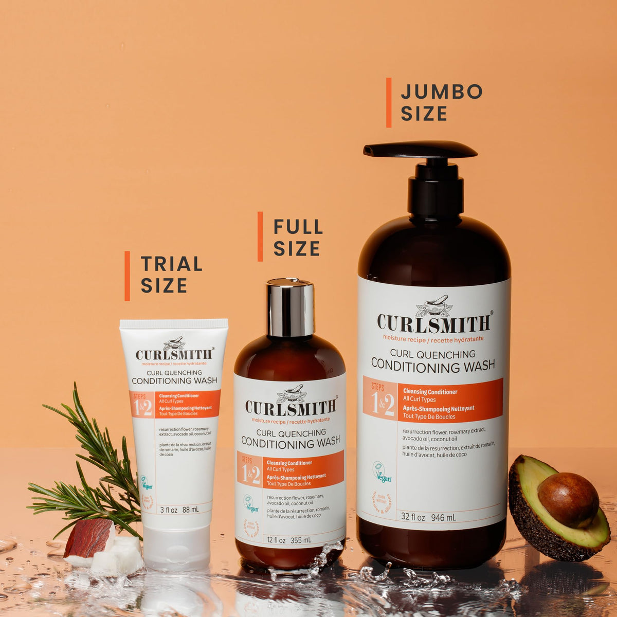 CURLSMITH bottle next to Essential Moisture Conditioner for routine pairing