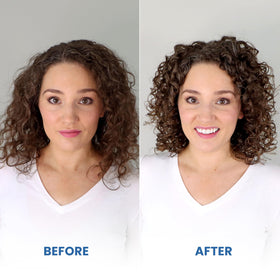 CURLSMITH pouring shampoo into palm illustrating easy one-step use