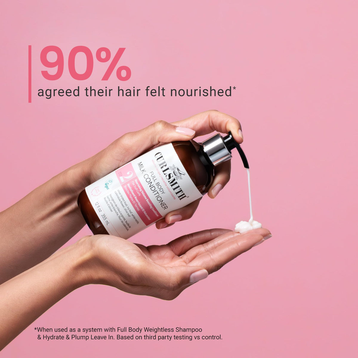 CURLSMITH dispensing conditioner from bottle to show easy application