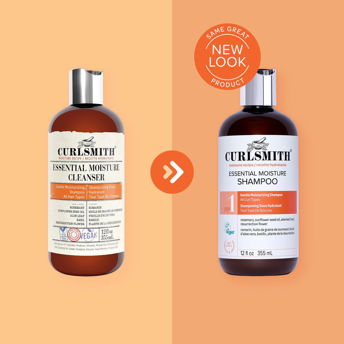 CURLSMITH 12 oz bottle next to hand showing actual size and easy handling